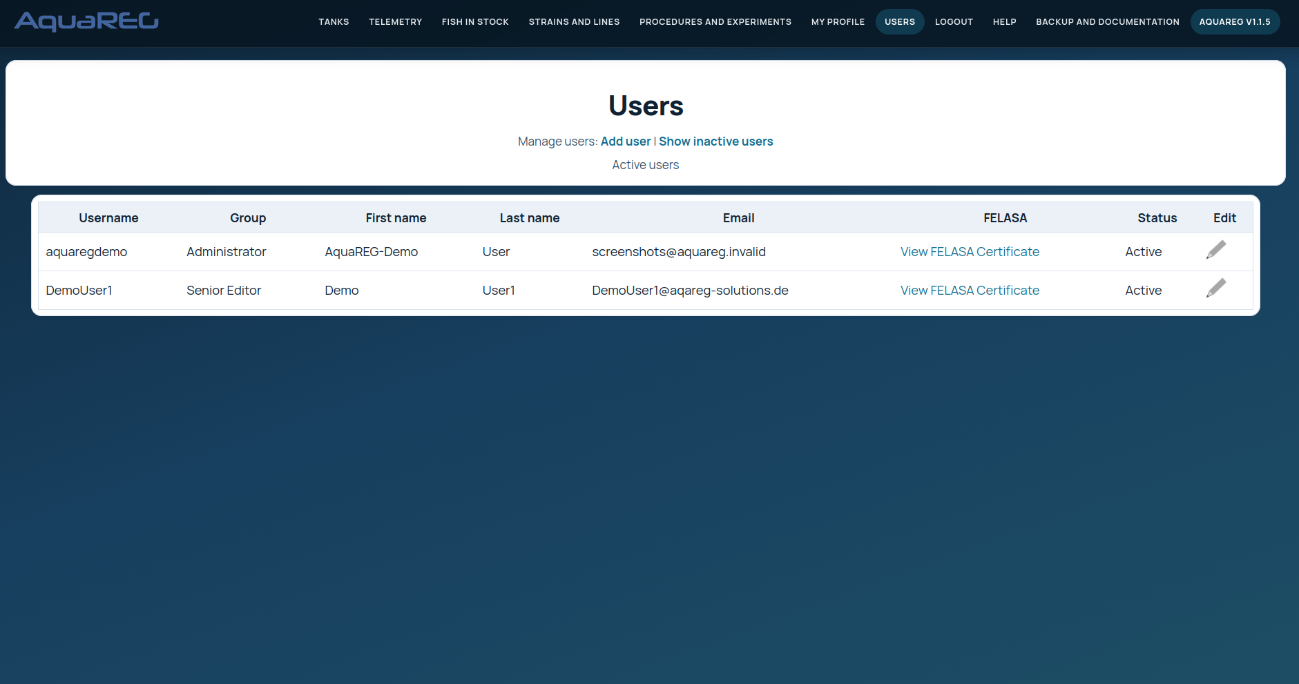 AquaREG user and role management